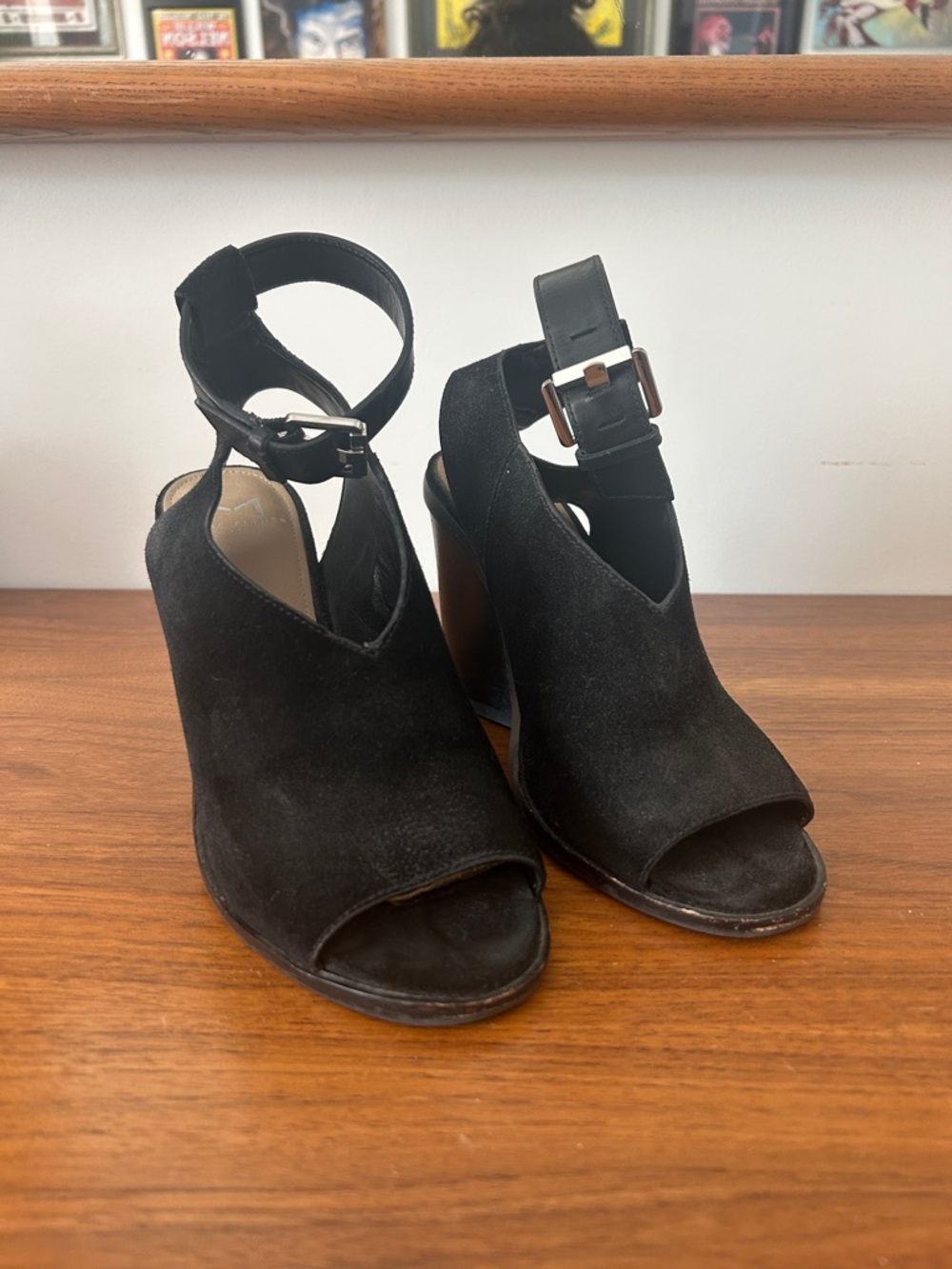 Marc Fisher Black Suede Open-Toe Ankle Strap Block Heels